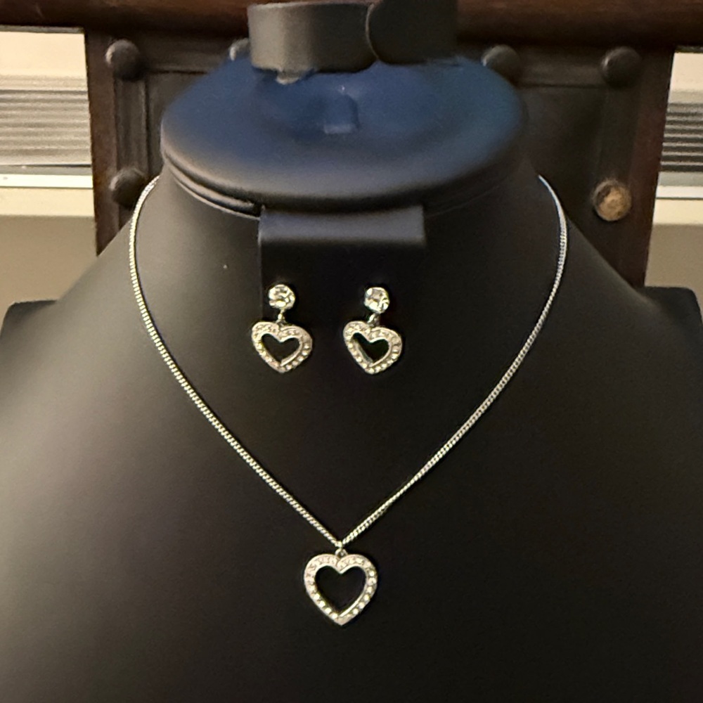 Albert Weiss Jewelry Set Necklace w/Crystal Open Heart & Heart Dangle Earrings.